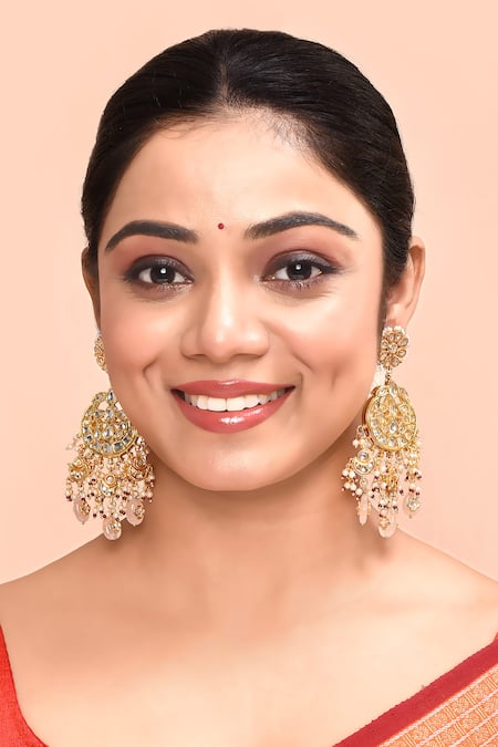 Just Shradhas_Gold Plated Pearls, Lace, Beads Crecent Kundan Studded Earrings _Online_at_Aza_Fashions