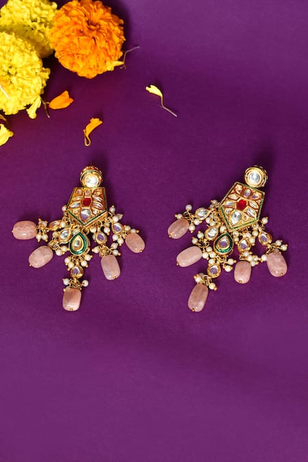 Just Shradhas Kundan Drop Bead Studded Earrings 