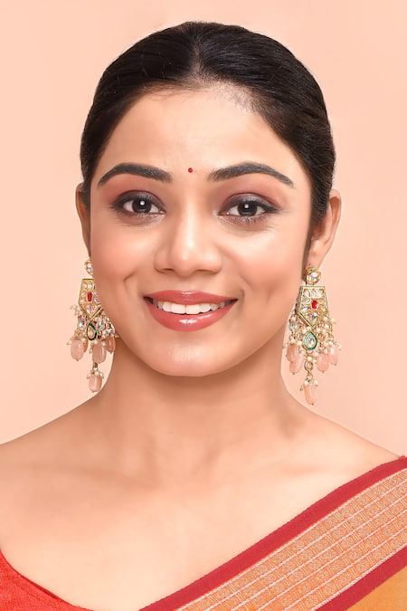 Just Shradhas_Multi Color Pearls, Beads, Diamonds Kundan Drop Studded Earrings _Online_at_Aza_Fashions