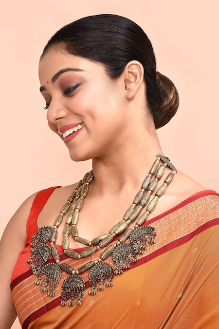 Just Shradha's Gold Plated Beads Oxidized Carved Layered Necklace