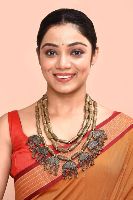 Just Shradhas_Gold Plated Beads Oxidized Carved Layered Necklace_Online_at_Aza_Fashions