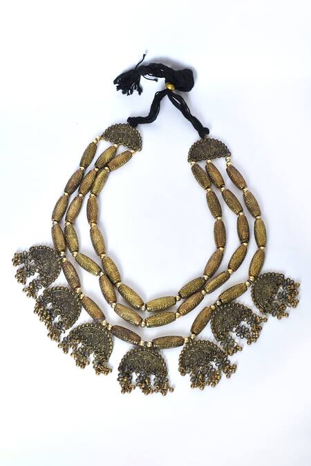 Buy_Just Shradhas_Gold Plated Beads Oxidized Carved Layered Necklace_Online_at_Aza_Fashions