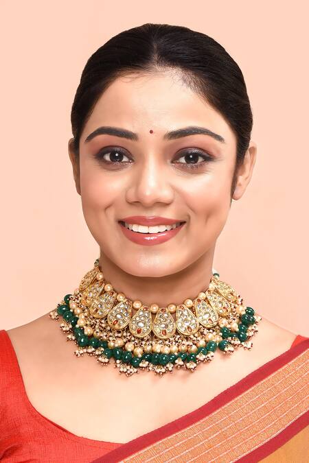 Just Shradhas_Multi Color Drop Kundan Studded Choker_Online_at_Aza_Fashions