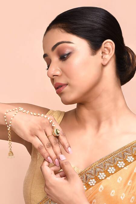 Just Shradhas_Gold Plated Pearls Multistrand Hathphool _Online_at_Aza_Fashions