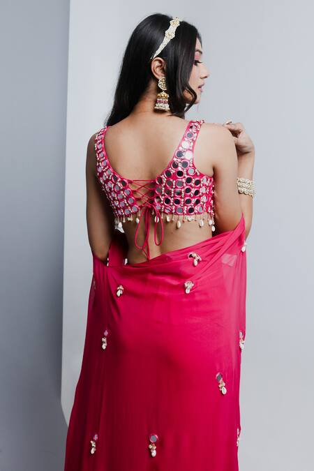 Ria Shah Label Cowrie & Mirror Embellished Cape Blouse Set 