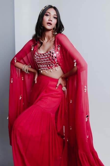 Buy_Ria Shah Label_Pink Georgette Mirrors, Beads, Cut Work Cowrie And Embellished Cape Blouse Set _Online_at_Aza_Fashions