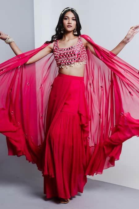 Shop Ria Shah Label Pink Georgette Mirrors, Beads, Cut Work Cowrie And Embellished Cape Blouse Set Online at Aza Fashions Shop_Ria Shah Label_Pink Georgette Mirrors, Beads, Cut Work Cowrie And Embellished Cape Blouse Set _Online_at_Aza_Fashions