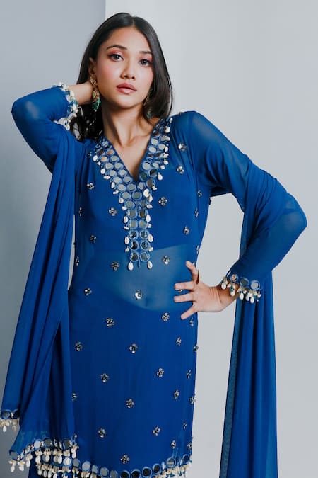 Ria Shah Label_Blue Georgette Sequins, Mirrors, Glitter, Beads, Embroidered Kurta Sharara Set _Online_at_Aza_Fashions