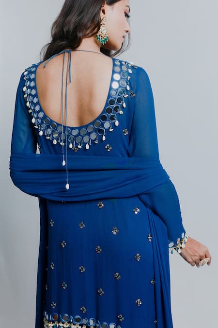 Buy_Ria Shah Label_Blue Georgette Sequins, Mirrors, Glitter, Beads, Embroidered Kurta Sharara Set _Online_at_Aza_Fashions