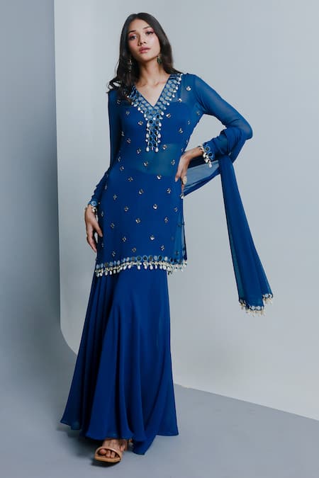 Shop_Ria Shah Label_Blue Georgette Sequins, Mirrors, Glitter, Beads, Embroidered Kurta Sharara Set _Online_at_Aza_Fashions