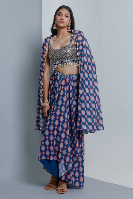 Buy_Ria Shah Label_Blue Polyester Sequins, Beads, Embellished Motif Pattern Cape Bustier Set _Online_at_Aza_Fashions