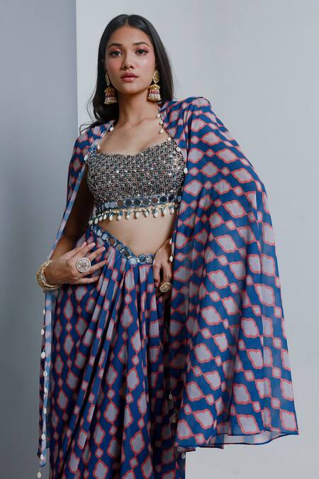 Shop_Ria Shah Label_Blue Polyester Sequins, Beads, Embellished Motif Pattern Cape Bustier Set _Online_at_Aza_Fashions