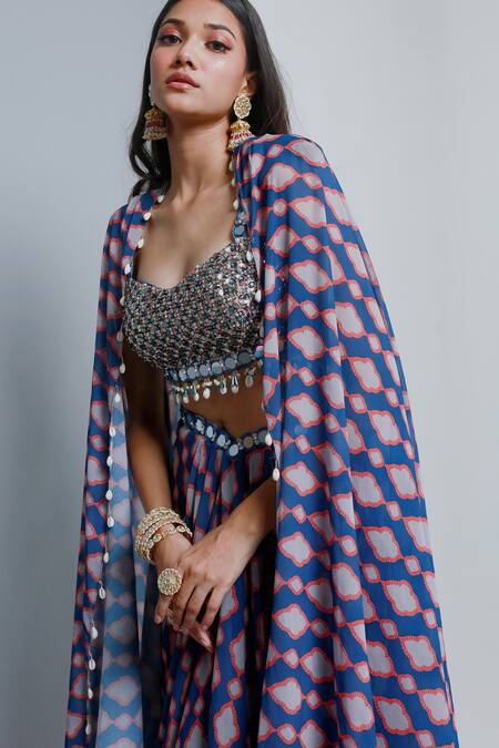 Ria Shah Label_Blue Polyester Sequins, Beads, Embellished Motif Pattern Cape Bustier Set _at_Aza_Fashions