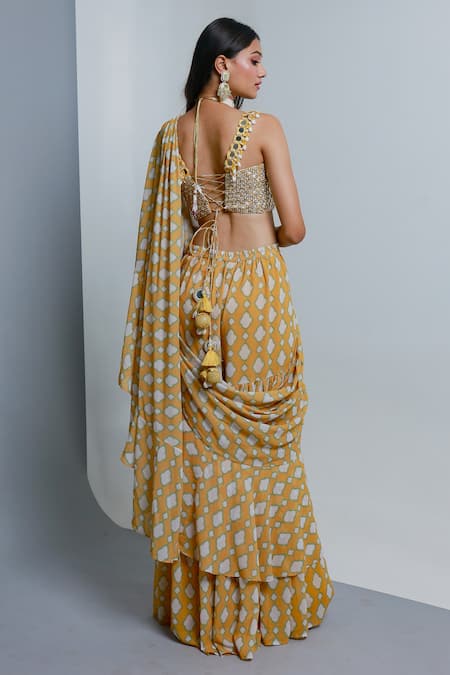 Ria Shah Label Motif Pattern Pre-Draped Saree With Embroidered Blouse 