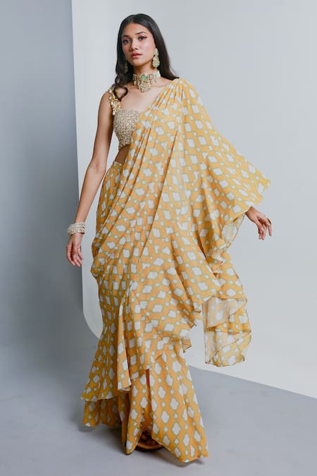 Buy_Ria Shah Label_Yellow Polyester Sequins, Motif Pattern Pre-draped Saree With Embroidered Blouse _Online_at_Aza_Fashions
