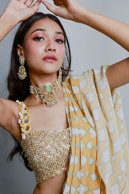 Shop_Ria Shah Label_Yellow Polyester Sequins, Motif Pattern Pre-draped Saree With Embroidered Blouse _Online_at_Aza_Fashions