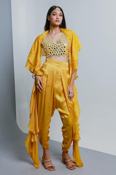 RIA SHAH LABEL Yellow Modal Satin Embroidery Mirror Cape Ruffled Tassel Detail Blouse Set 