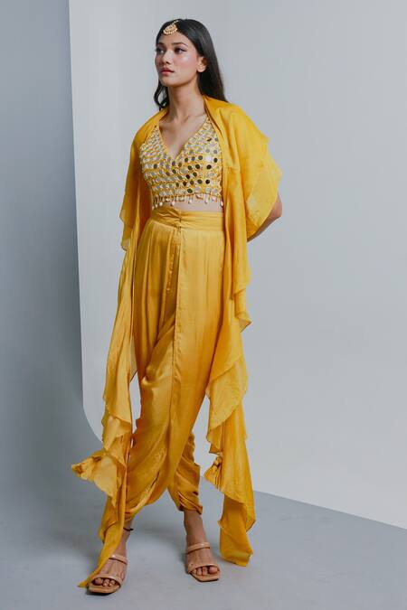 Ria Shah Label Yellow Modal, Cotton Mirrors, Beads V-neck Ruffled Tassel Detail Cape Blouse Set Online at Aza Fashions Ria Shah Label_Yellow Modal, Cotton Mirrors, Beads V-neck Ruffled Tassel Detail Cape Blouse Set _Online_at_Aza_Fashions