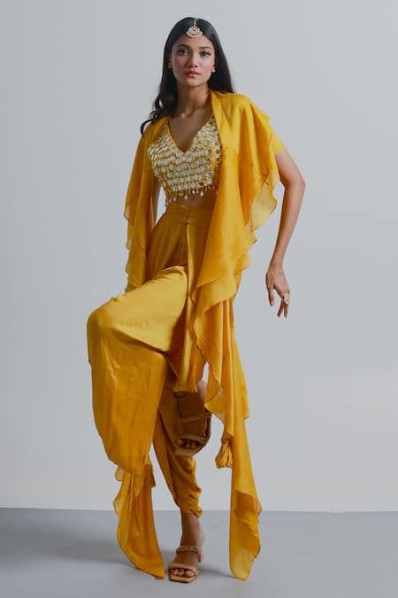 Shop Ria Shah Label Yellow Modal, Cotton Mirrors, Beads V-neck Ruffled Tassel Detail Cape Blouse Set Online at Aza Fashions Shop_Ria Shah Label_Yellow Modal, Cotton Mirrors, Beads V-neck Ruffled Tassel Detail Cape Blouse Set _Online_at_Aza_Fashions