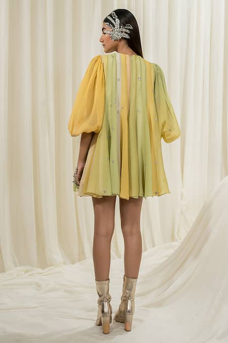 Shop_EASE_Multi Color Viscose, Organza Embroidery High Neck Short Dress _at_Aza_Fashions