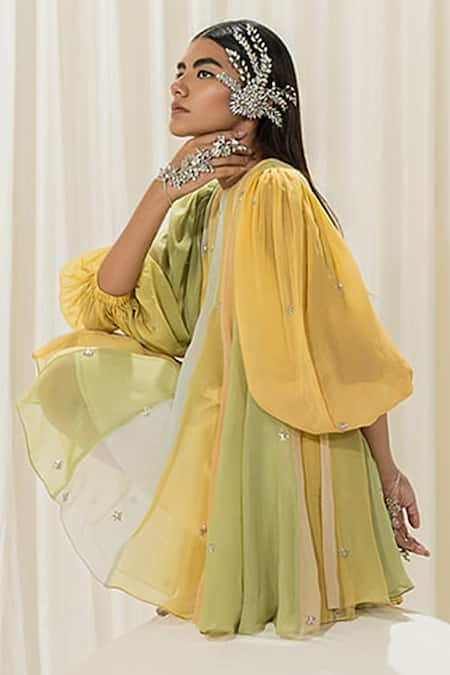 Buy_EASE_Multi Color Viscose, Organza Embroidery High Neck Short Dress _Online_at_Aza_Fashions