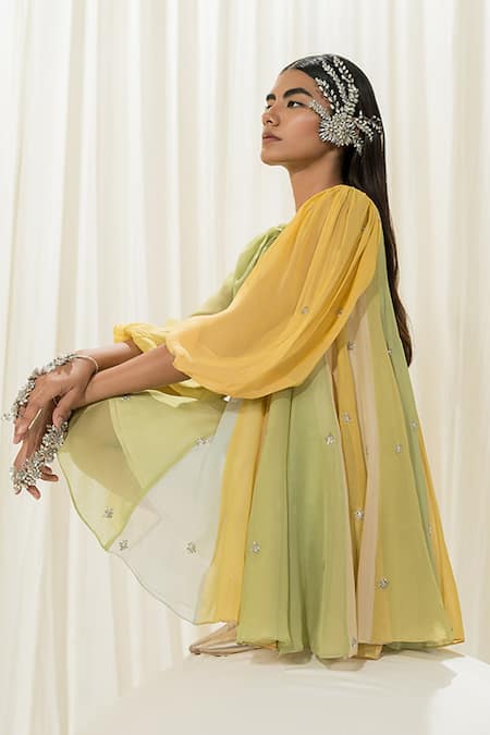 Shop_EASE_Multi Color Viscose, Organza Embroidery High Neck Short Dress _Online_at_Aza_Fashions