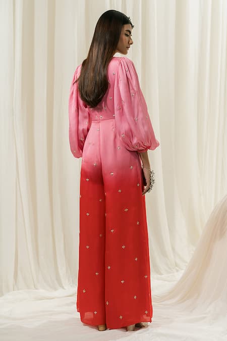 EASE_Pink Satin, Organza Embroidery V-neck Overlap Jumpsuit _Online_at_Aza_Fashions