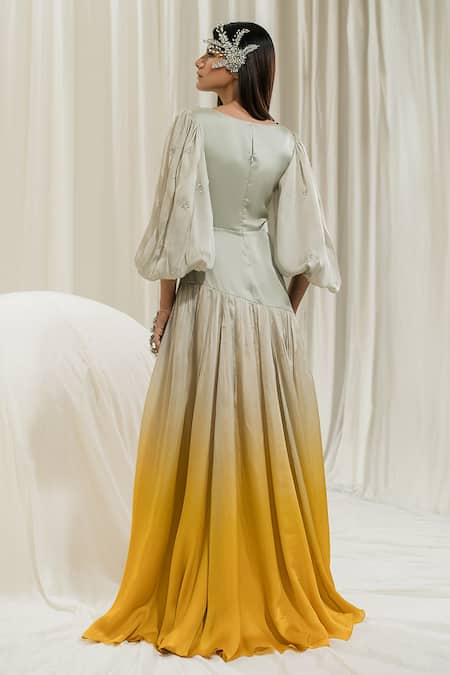 EASE_Green Satin, Organza Embroidery V-neck Slit Dress _Online_at_Aza_Fashions