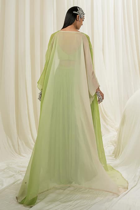 Shop_EASE_Green Pure Crepe Embroidered Flared Sleeve Long Jacket Sharara Set  _at_Aza_Fashions