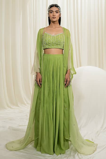 EASE_Green Pure Crepe Embroidered Flared Sleeve Long Jacket Sharara Set  _Online_at_Aza_Fashions