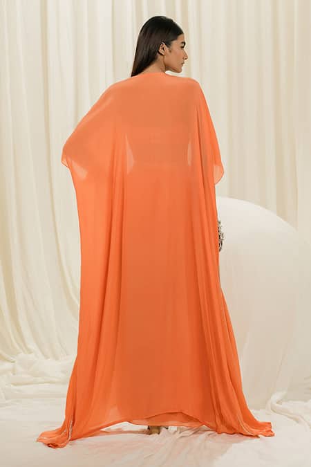 EASE Orange Pure Crepe Embroidered Sequins Border Jacket Skirt Set Online at Aza Fashions EASE_Orange Pure Crepe Embroidered Sequins Border Jacket Skirt Set _Online_at_Aza_Fashions