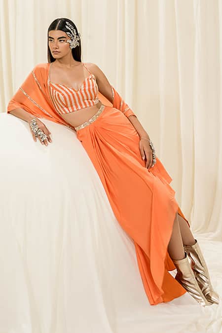 Buy EASE Orange Pure Crepe Embroidered Sequins Border Jacket Skirt Set Online at Aza Fashions Buy_EASE_Orange Pure Crepe Embroidered Sequins Border Jacket Skirt Set _Online_at_Aza_Fashions