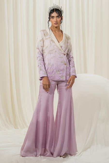 Ease Off White Satin Organza Embroidered Floral Jacket And Flared Pant Set  