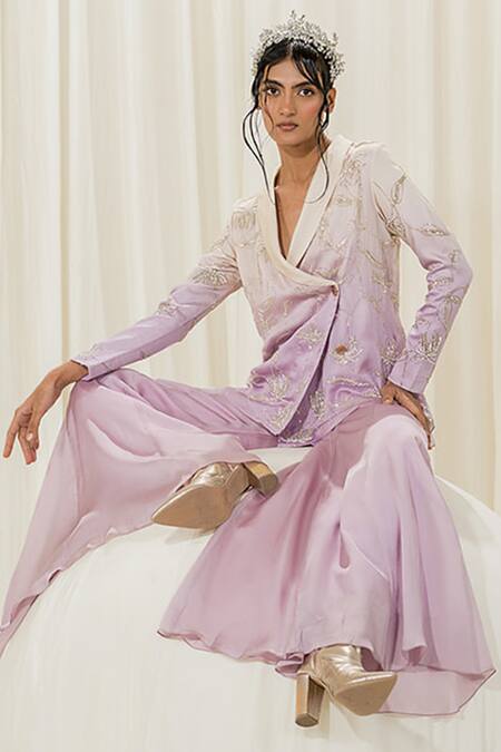 EASE_Off White Satin Organza Embroidered Floral Jacket And Flared Pant Set  _Online_at_Aza_Fashions
