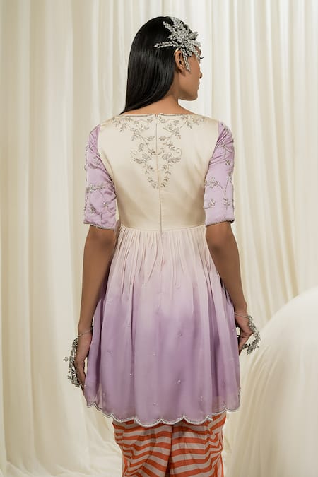 Shop_EASE_Purple Satin Organza Printed Striped Embroidered Peplum Dhoti Pant Set  _at_Aza_Fashions