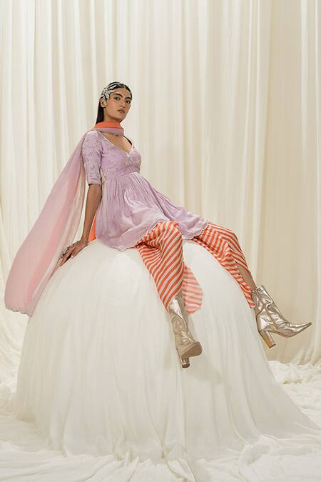 EASE_Purple Satin Organza Printed Striped Embroidered Peplum Dhoti Pant Set  _Online_at_Aza_Fashions