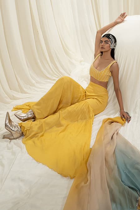 Buy EASE Yellow Crepe, Viscose, Organza Pearls Round Neck Embroidered Bustier Gharara Set Online at Aza Fashions Buy_EASE_Yellow Crepe, Viscose, Organza Pearls Round Neck Embroidered Bustier Gharara Set _Online_at_Aza_Fashions