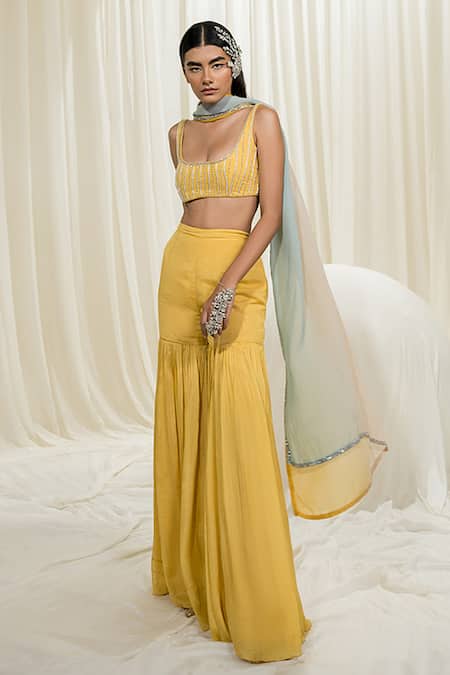 EASE Yellow Crepe, Viscose, Organza Pearls Round Neck Embroidered Bustier Gharara Set at Aza Fashions EASE_Yellow Crepe, Viscose, Organza Pearls Round Neck Embroidered Bustier Gharara Set _at_Aza_Fashions