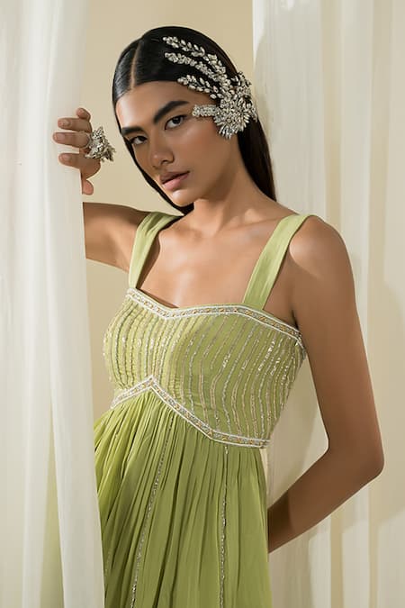 EASE_Green Pure Crepe Embroidered Sequins Square Neck Peplum Dhoti Pant Set _Online_at_Aza_Fashions