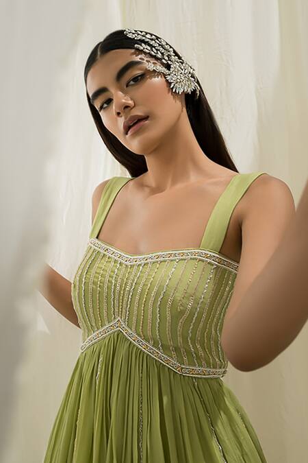 Buy_EASE_Green Pure Crepe Embroidered Sequins Square Neck Peplum Dhoti Pant Set _Online_at_Aza_Fashions