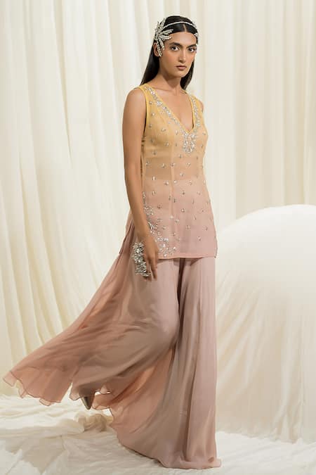 Shop EASE Pink Viscose, Crepe, Organza Embroidery, Sequins V-neck Kurta Sharara Set Online at Aza Fashions Shop_EASE_Pink Viscose, Crepe, Organza Embroidery, Sequins V-neck Kurta Sharara Set _Online_at_Aza_Fashions