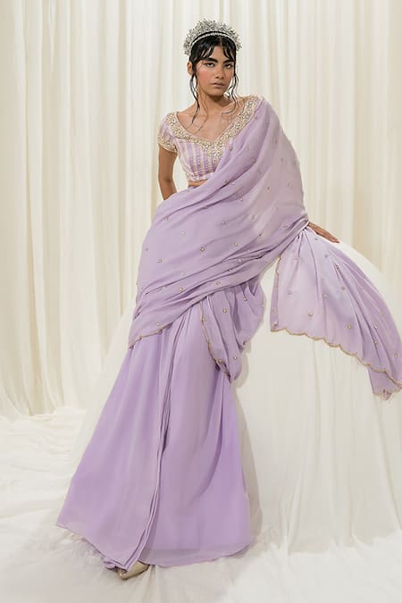 Ease Purple Saree Pure Crepe Embroidered Jaal V Pre-stitched With Blouse  