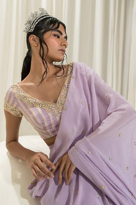 EASE_Purple Saree Pure Crepe Embroidered Jaal V Pre-stitched With Blouse  _Online_at_Aza_Fashions