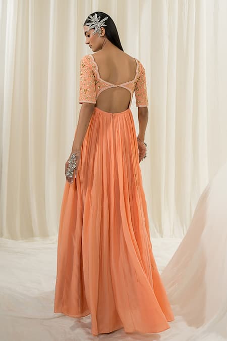 Shop_EASE_Peach Anarkali Pure Crepe Embroidered Jaal Scalloped Neck With Dupatta _at_Aza_Fashions