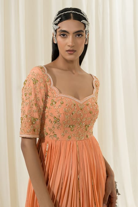 EASE_Peach Anarkali Pure Crepe Embroidered Jaal Scalloped Neck With Dupatta _Online_at_Aza_Fashions