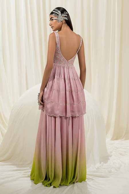 Shop_EASE_Pink Peplum Satin Organza Embroidered Jaal Leaf Neck Sharara Set _at_Aza_Fashions