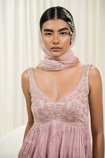 EASE_Pink Peplum Satin Organza Embroidered Jaal Leaf Neck Sharara Set _Online_at_Aza_Fashions