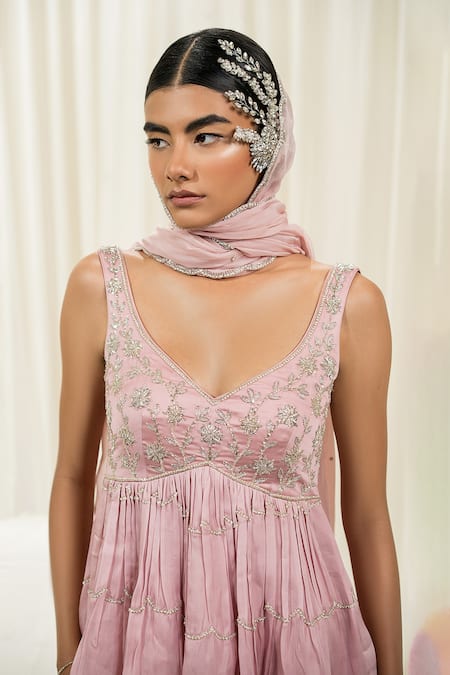 Buy_EASE_Pink Peplum Satin Organza Embroidered Jaal Leaf Neck Sharara Set _Online_at_Aza_Fashions