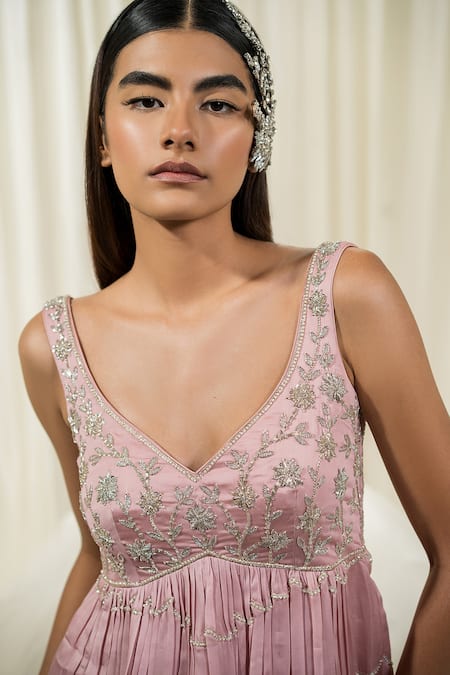 Shop_EASE_Pink Peplum Satin Organza Embroidered Jaal Leaf Neck Sharara Set _Online_at_Aza_Fashions