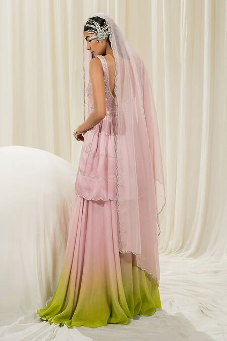 EASE_Pink Peplum Satin Organza Embroidered Jaal Leaf Neck Sharara Set _at_Aza_Fashions